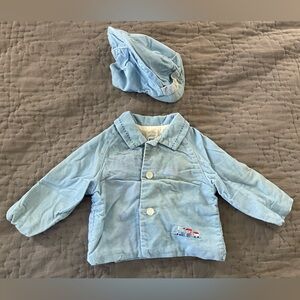 Vintage 1960s By Thomas Blue Baby Corduroy Embroidered Train Jacket Hat Medium